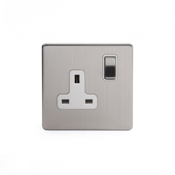 Brushed Chrome 1 Gang Double Pole Socket White Insert Single 13A - Satin Steel - Sockets & Switches