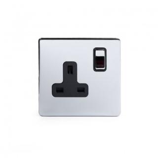 Polished Chrome Luxury 1 Gang Double Pole Socket Black Insert Single 13A - Bright Chrome - Sockets & Switches