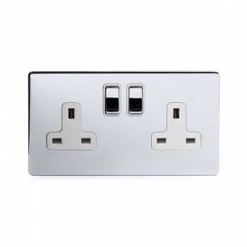 Polished Chrome Luxury 2 Gang Double Pole Socket with White Insert 13A - Bright Chrome - Sockets & Switches