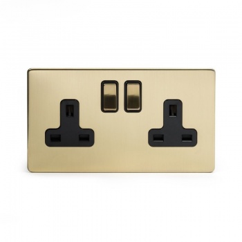Brushed Brass Period 2 Gang Double Pole Socket With Black Insert
