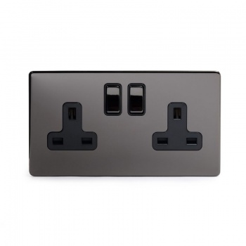 Black Nickel 2 Gang Double Pole Socket with Black Insert 13A