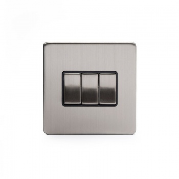 Brushed Chrome 10A 3 Gang 2 Way Switch with Black Insert