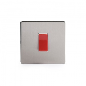 Brushed Chrome 45A 1 Gang Double Pole Switch, Single Plate with White Insert - Satin Steel - Sockets & Switches