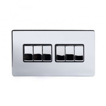 Polished Chrome Luxury 10A 6 Gang 2 Way Switch With Black Insert