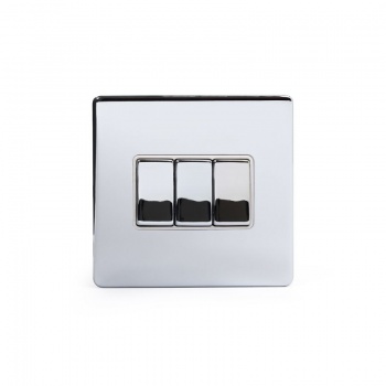 Polished Chrome Luxury 10A 3 Gang 2 Way Switch With White Insert