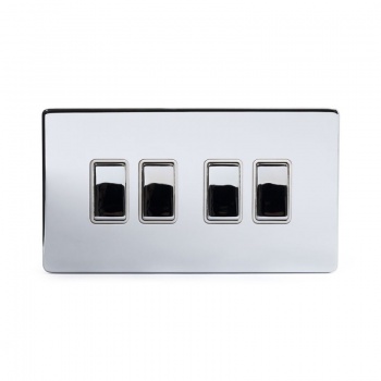 Polished Chrome Luxury 10A 4 Gang 2 Way Switch With White Insert