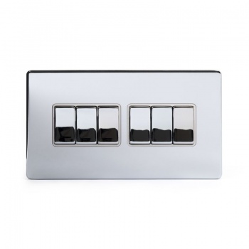 Polished Chrome Luxury 10A 6 Gang 2 Way Switch With White Insert