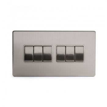 Brushed Chrome 10A 6 Gang 2 Way Switch With White insert
