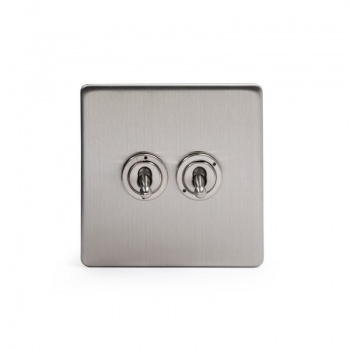 Brushed Chrome 2 Gang Intermediate Toggle Switch Screwless - Satin Steel - Sockets & Switches