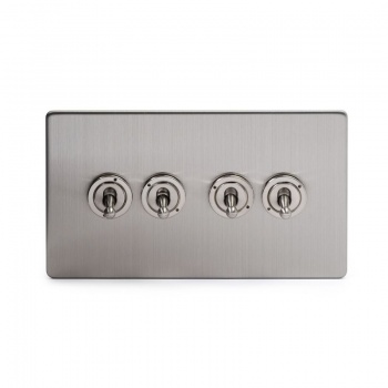 Brushed Chrome 4 Gang 20 Amp Intermediate Toggle Switch Screwless - Satin Steel - Sockets & Switches