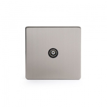 Brushed Chrome 1 Gang Co Axial Socket with Black Insert - Satin Steel - Sockets & Switches