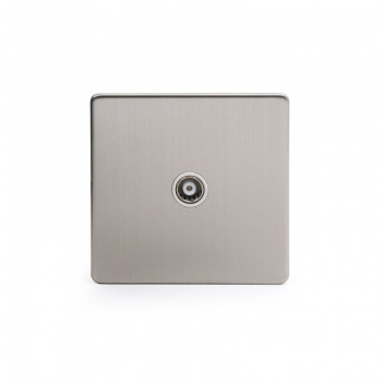 Brushed Chrome 1 Gang Co Axial Socket with White Insert - Satin Steel - Sockets & Switches