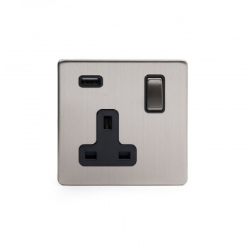 Brushed Chrome 1 Gang Single USB Socket with Black Insert - Satin Steel - Sockets & Switches
