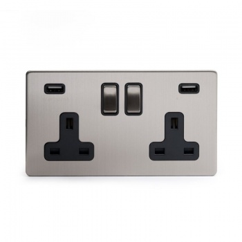 Brushed Chrome 2 Gang Double USB Socket with Black Insert - Satin Steel - Sockets & Switches