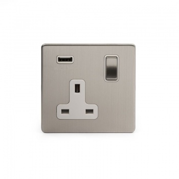 Brushed Chrome 1 Gang Single USB Socket with White Insert - Satin Steel - Sockets & Switches