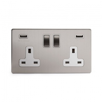 Brushed Chrome 2 Gang Double USB Socket with White Insert - Satin Steel - Sockets & Switches