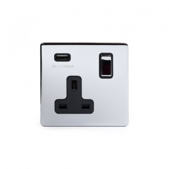 Polished Chrome Luxury 1 Gang Single USB Socket with Black Insert