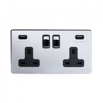 Polished Chrome Luxury 2 Gang Double USB Socket with Black Insert - Bright Chrome - Sockets & Switches