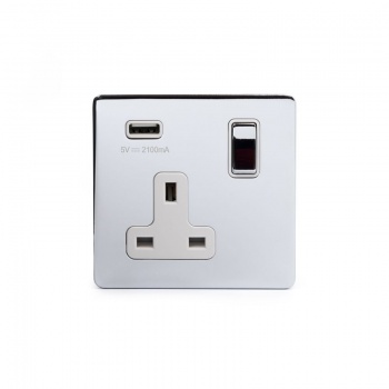 Polished Chrome Luxury 1 Gang Single USB Socket with white Insert - Bright Chrome - Sockets & Switches