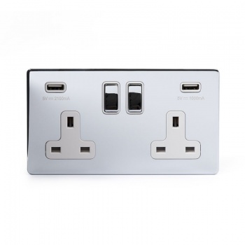 Polished Chrome Luxury 2 Gang Double USB Socket with White Insert - Bright Chrome - Sockets & Switches