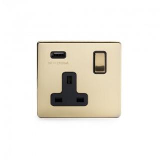 Brushed Brass Period 1 Gang USB Socket With Black Insert