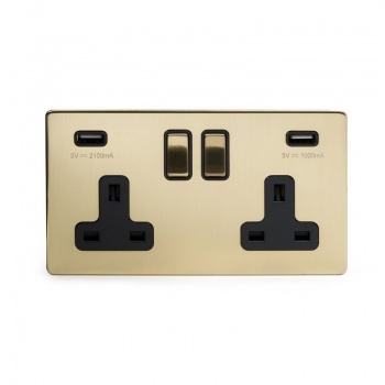 Brushed Brass Period 2 Gang USB Socket With Black Insert