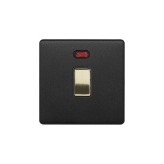 Fusion Matt Black & Brushed Brass 20A 1 Gang Double Pole Switch With Neon Blk Ins Screwless