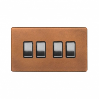 Fusion Antique Copper & Brushed Chrome 10A 4 Gang 2 Way Switch Black Insert Screwless