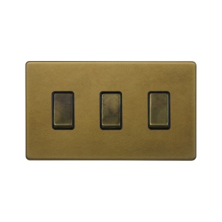 Old Brass 3 Gang Switch Double Plate 2 Way