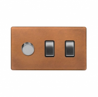Fusion Antique Copper & Brushed Chrome 3 Gang Light Switch with 1 dimmer (2x 2 Way Switch & Trailing Dimmer) Blk Ins Screwless