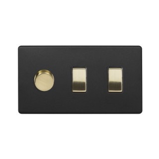 Fusion Matt Black & Brushed Brass 3 Gang Light Switch with 1 dimmer (2x 2 Way Switch & Trailing Dimmer) Blk Ins Screwless