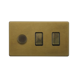 Old Brass 3 Gang Light Switch with 1 dimmer (2x 2 Way Switch & Trailing Dimmer)