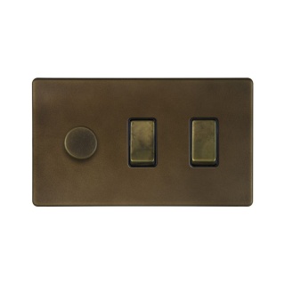 Vintage Brass 3 Gang Light Switch with 1 dimmer (2x 2 Way Switch & Trailing Dimmer)