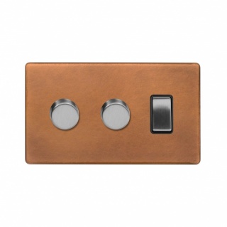 Fusion Antique Copper & Brushed Chrome 3 Gang Light Switch with 2 Dimmers (2 Way Switch & 2x Trailing Dimmer) Screwless