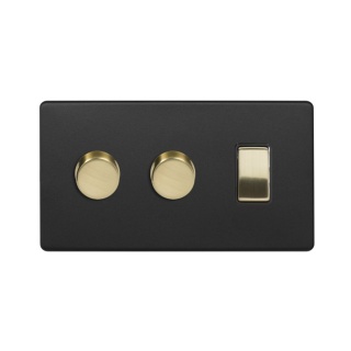 Fusion Matt Black & Brushed Brass 3 Gang Light Switch with 2 Dimmers (2 Way Switch & 2x Trailing Dimmer) Screwless