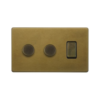 Old Brass 3 Gang Light Switch with 2 Dimmers (2 Way Switch & 2x Trailing Dimmer)