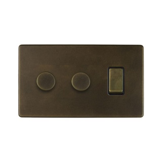 Vintage Brass 3 Gang Light Switch with 2 Dimmers (2 Way Switch & 2x Trailing Dimmer)