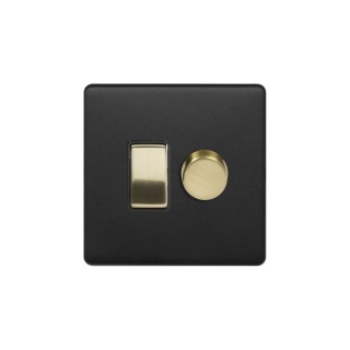 Fusion Matt Black & Brushed Brass Dimmer and Rocker Switch Combo Blk Ins Screwless (2 Way Switch & Trailing Dimmer)