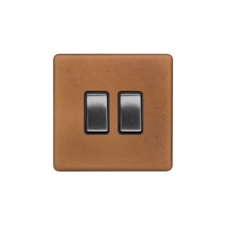 Fusion Antique Copper & Brushed Chrome 2 Gang Switch with 1x Intermediate Switch & 10A 2 Way Switch Black Insert Screwless