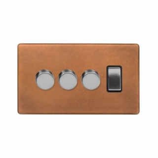 Fusion Antique Copper & Brushed Chrome 4 Gang Switch with 3 Dimmers (3x150W LED Dimmer 1x20A Switch)