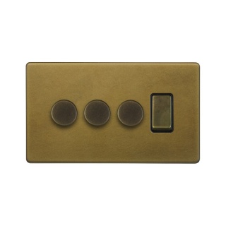 Old Brass 4 Gang Switch with 3 Dimmers (3x150W LED Dimmer 1x20A Switch)