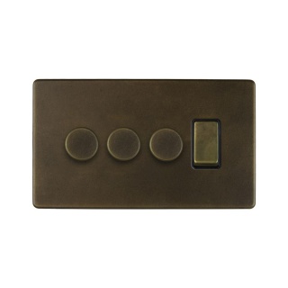 Vintage Brass 4 Gang Switch with 3 Dimmers (3x150W LED Dimmer 1x20A Switch)