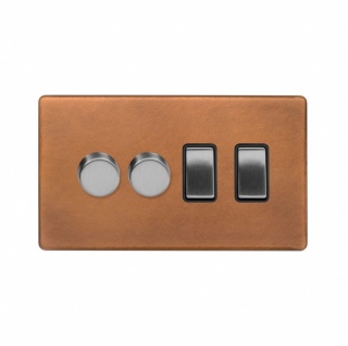 Fusion Antique Copper & Brushed Chrome 4 Gang Switch with 2 Dimmers (2x150W LED Dimmer 2x20A Switch)