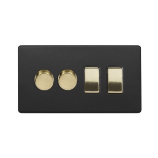 Fusion Matt Black & Brushed Brass 4 Gang Switch with 2 Dimmers (2x150W LED Dimmer 2x20A Switch)