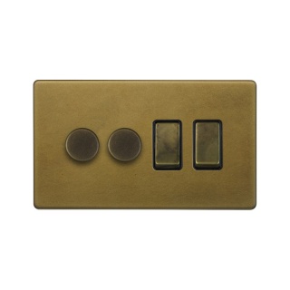 Old Brass 4 Gang Switch with 2 Dimmers (2x150W LED Dimmer 2x20A Switch)
