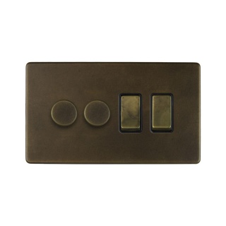 Vintage Brass 4 Gang Switch with 2 Dimmers (2x150W LED Dimmer 2x20A Switch)