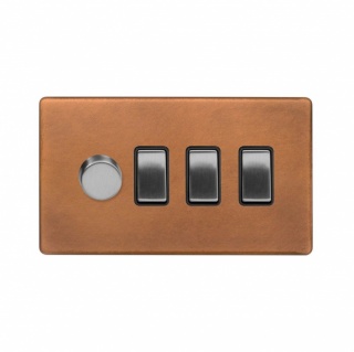 Fusion Antique Copper & Brushed Chrome 4 Gang Switch with 1 Dimmer (1x150W LED Dimmer 3x20A Switch)