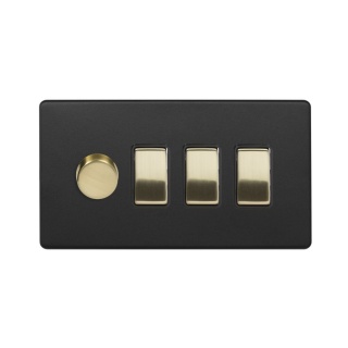 Fusion Matt Black & Brushed Brass 4 Gang Switch with 1 Dimmer (1x150W LED Dimmer 3x20A Switch)