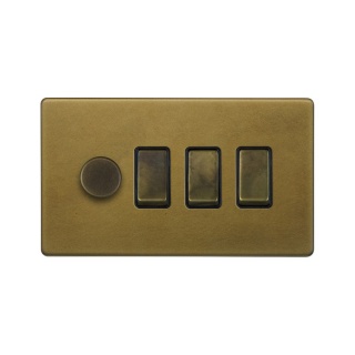 Old Brass 4 Gang Switch with 1 Dimmer (1x150W LED Dimmer 3x20A Switch)