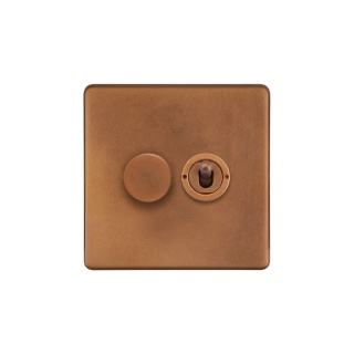 Antique Copper 2 Gang Dimmer and Toggle Switch Combo (1x150W LED Dimmer 1x20A 2 Way Toggle)